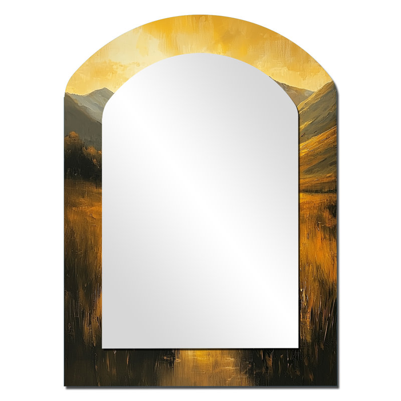 «Golden Light In The Valley» - grand miroir mural asymétrique «Mountains», miroir décoratif à arche jaune, impression sur métal
