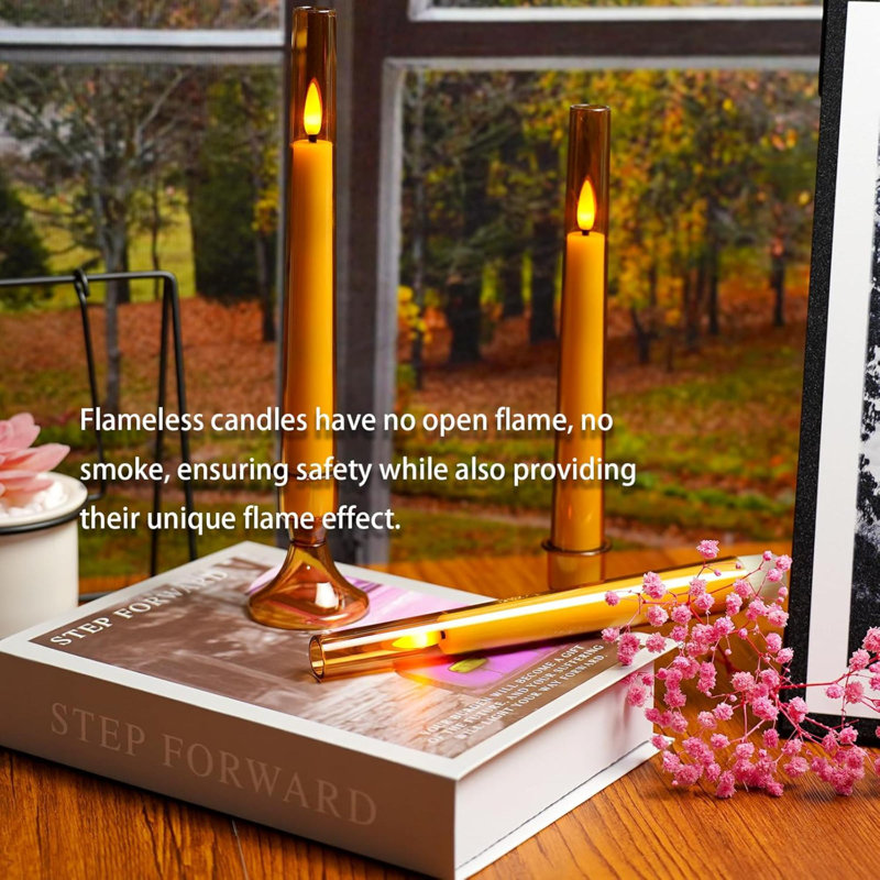 Flameless Taper Candles With Remote,6 PC Acrylic Battery Operated Candles With Candlesticks,Flickering Led Window Candles For Home Table And Wedding Decor(Red)