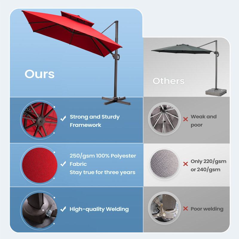  Parasol en porte-à-faux carré sans base lestée 11 x 11 pi Herrell, Rouge