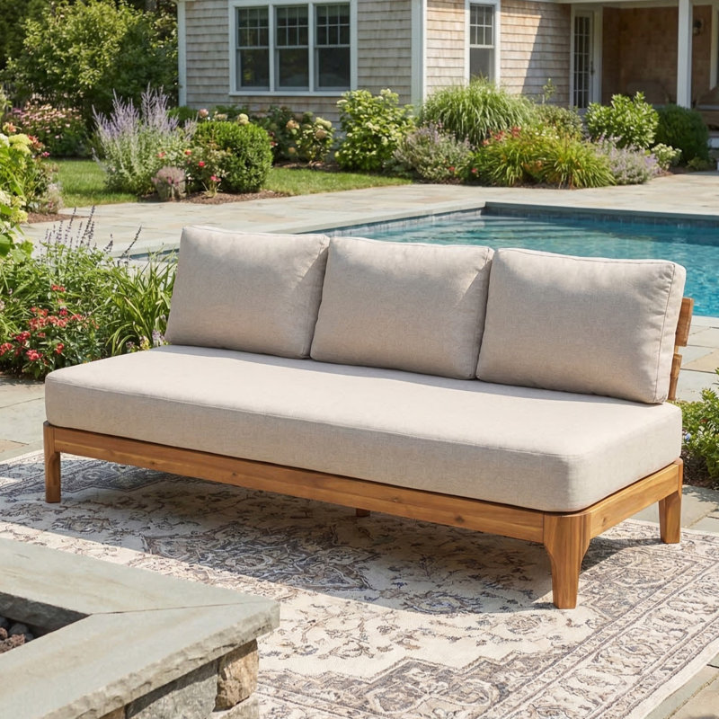 Kaelin 3-Seater Modern Coastal Acacia Wood Outdoor  Sofa with Cushions and Slatted Frame