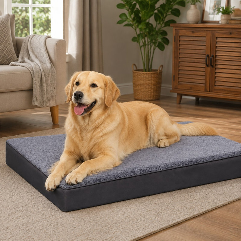 Lit orthopédique imperméable gris 41x27 pour grands chiens jusqu'à 90 lb, avec mousse alvéolée, surface de tapis plate et douce en peluche, housse amovible et lavable, et fond antidérapant.