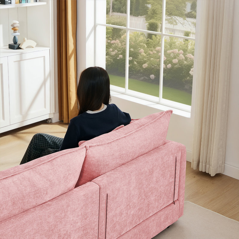 Canapé modulaire en L en chenille avec repose-pieds mobile, Chenille rose