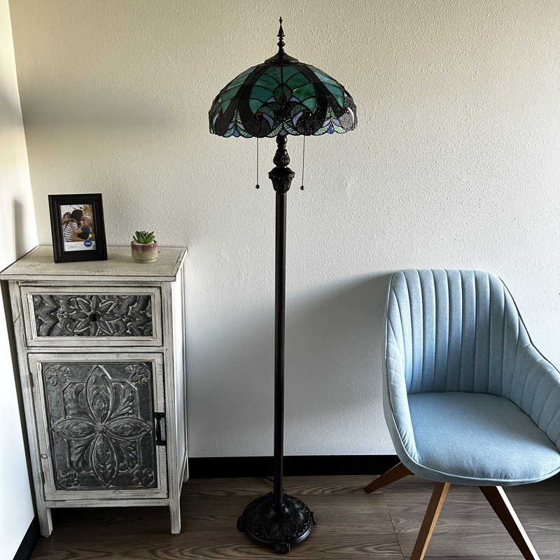 Jenn Tiffany Floor Lamp Green Brown Stained Glass Metal Base LED bulbs included 16"W*16"D*64"H
