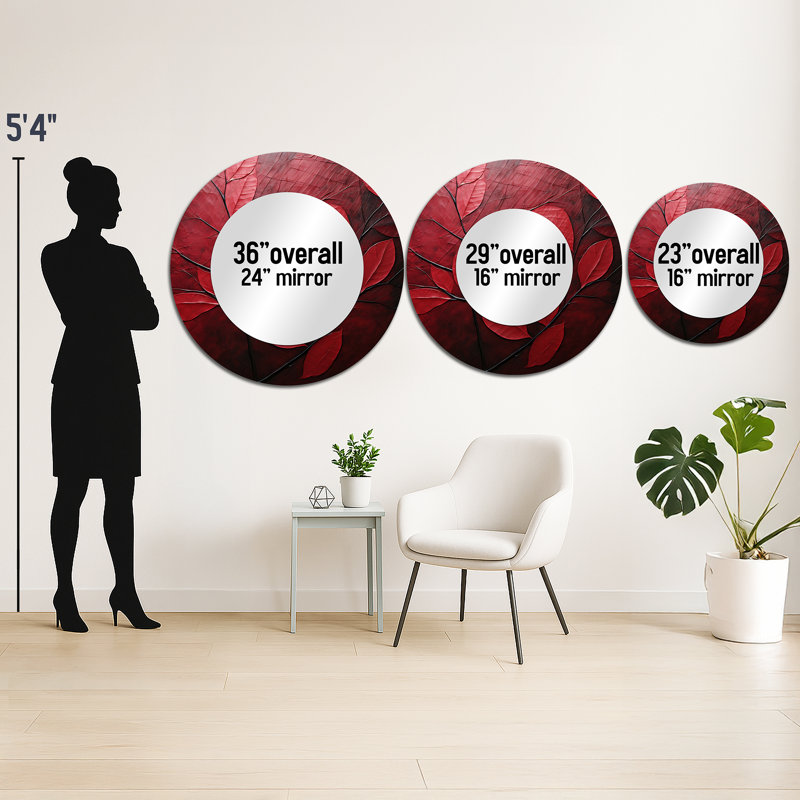 Shamkia Cherry Foliage Leaves I - Leaves Large Mirror, Red Round Unique Wall Mirror Decor, Printed Metal Art, 36" x 36"