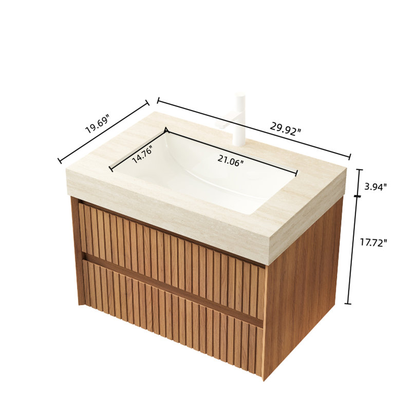 Meuble-lavabo suspendu de 76 cm (30 po), rangement en contreplaqué rayé, 2 tiroirs, motif pierre frittée, lavabo encastré en céramique, couleur, système de fermeture amortie pour les tiroirs, E0, meuble-lavabo et lavabo faciles à installer, armoire.