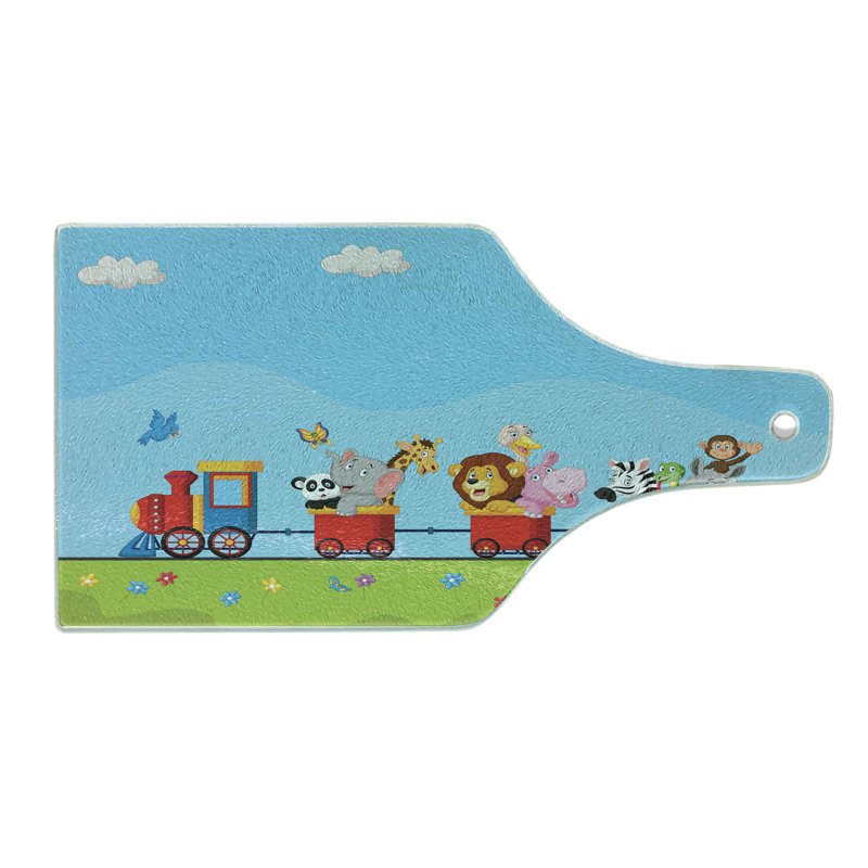 Ambesonne Colourful Tempered Glass Cutting Board Cartoon Animal Sun Multicolor