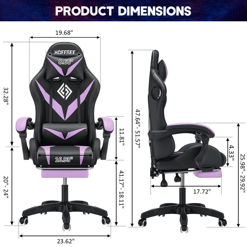 Hoffree Massage Ergonomic Gaming Chair with Bluetooth Speakers and RGB LED Lights, Purple/Black