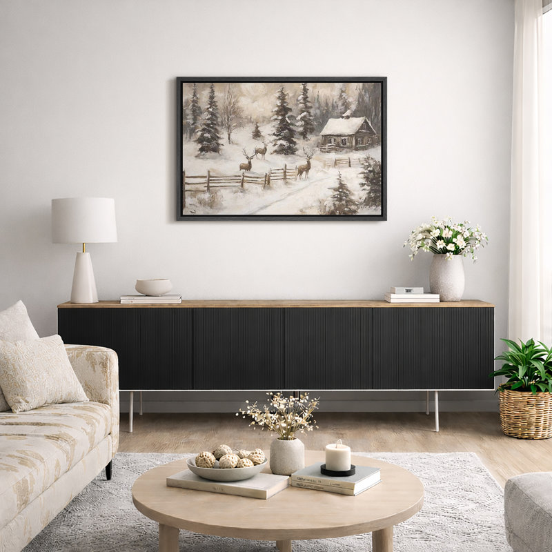Hiver, campagne rustique, Noël, cerf, pin, forêt, décor de vacances, impression sur toile encadrée, Cadre flottant noir