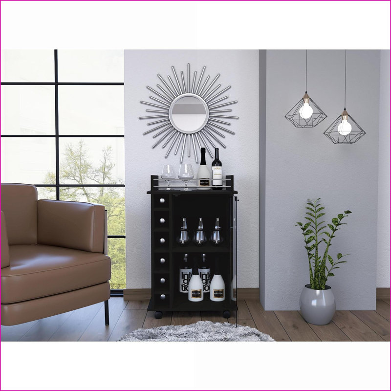 Chariot-bar moderne à 3 tablettes avec capacité de 6 bouteilles, roues verrouillables | Finition wengé | Bois manufacturé