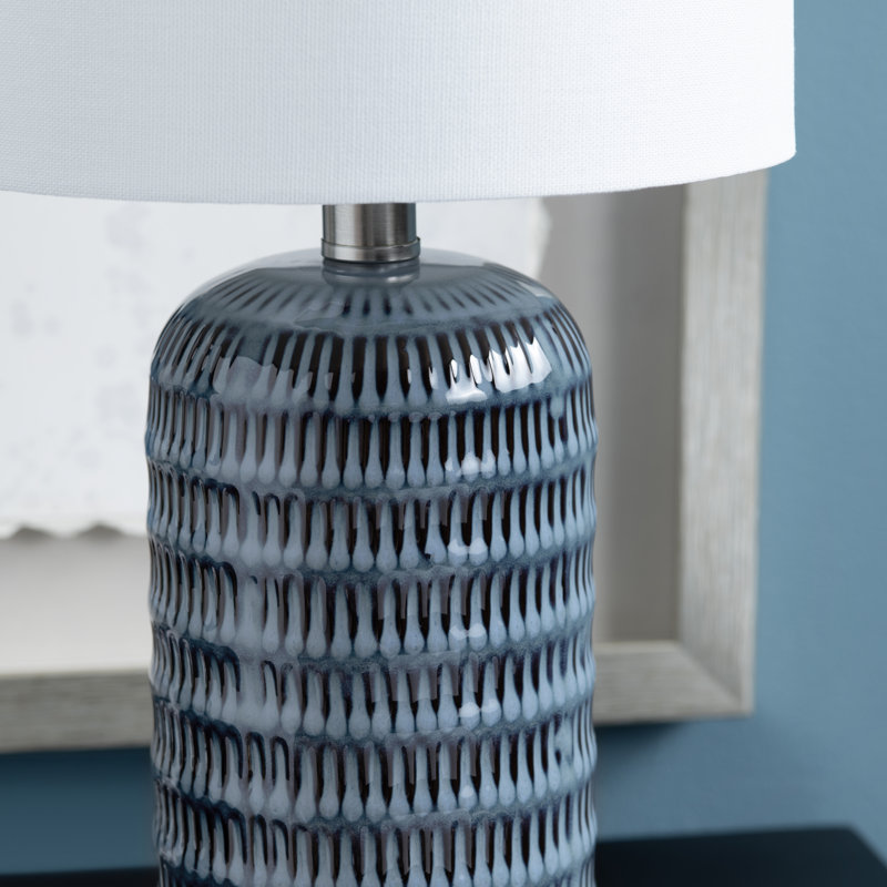 Set Of 2 Ceramic Table Lamp With Linen Shade, Blue, White