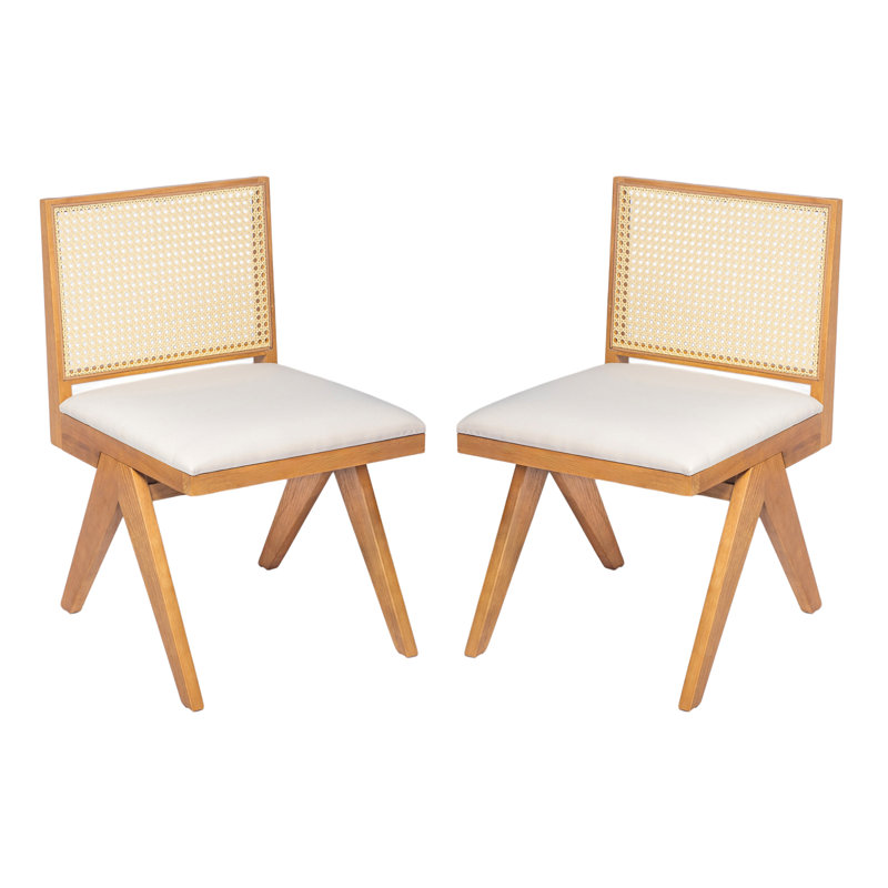 Chaises de salle à manger Chandigarh, chaises de cuisine rembourrées Cane (ensemble de 2), canne naturelle + coussin beige