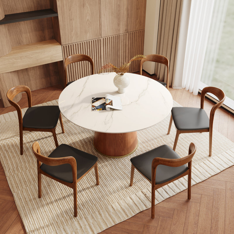 Ensemble de salle à manger 7 pièces avec base en bois massif et table en bois fritté 6 chaises en polyuréthane pour maisons modernes