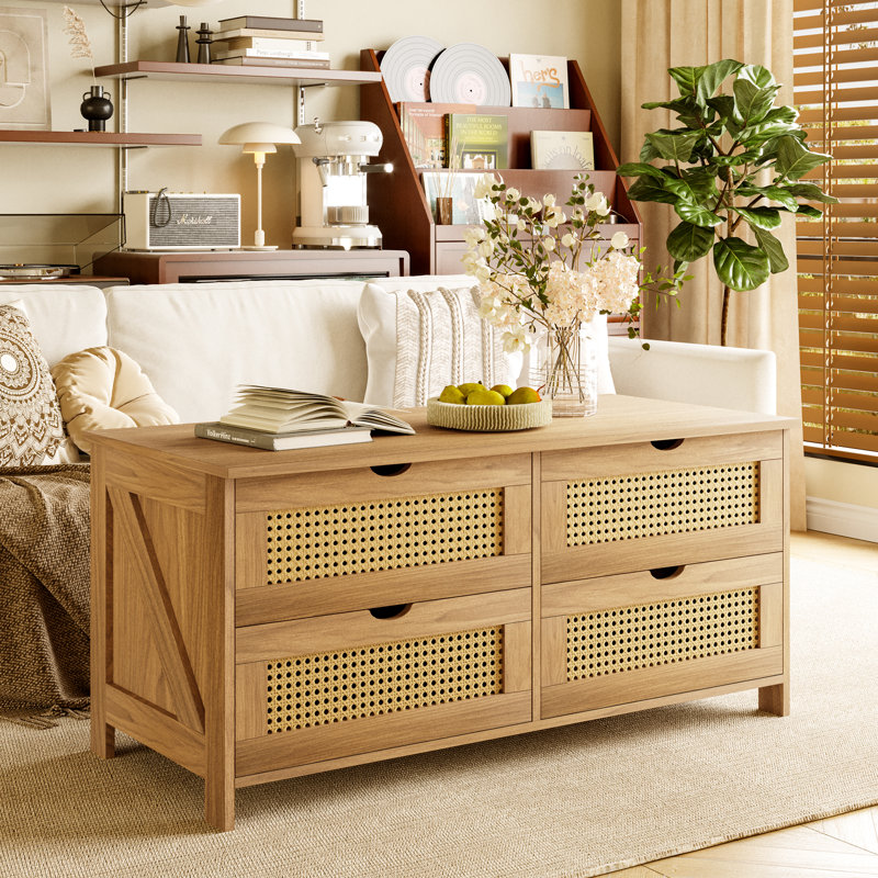 Rattan Wooden Coffee Table, 4 Drawers Cocktail Table With Storage, Black, 19.7" H x 37.4" W x 17.7" L