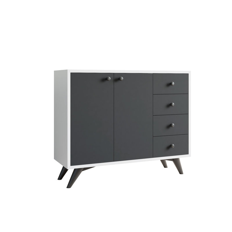 Buffet 4 tiroirs 39,3 po de largeur, Blanc / gris anthracite