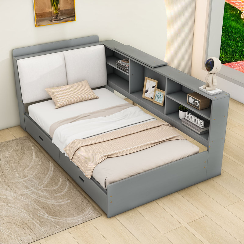 Wood Twin platform bed with Drawers,Shelves,and Headboard, Gray