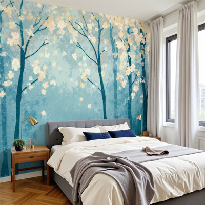 Peel and Stick Wallpaper Teal Landscape Blue Forest Abstract Nature Abstract Wall Murals 100"H x 144"W Removable PVC Wall Paper Self-Adhesive Wall Paintings Art Decor for Bedroom Living Room