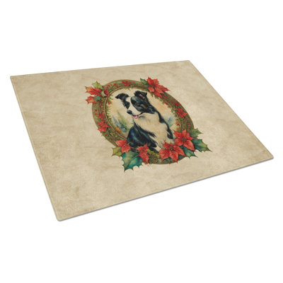 Border Collie Christmas Flowers Glass Cutting Board