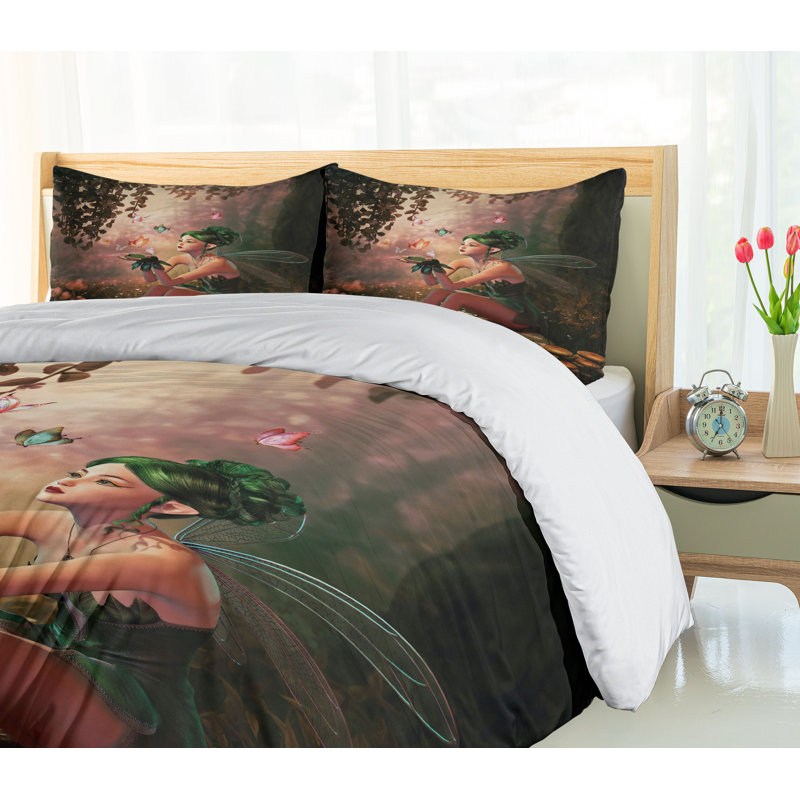 Fairy Tale Green and Salmon Microfiber Queen Duvet Cover Set