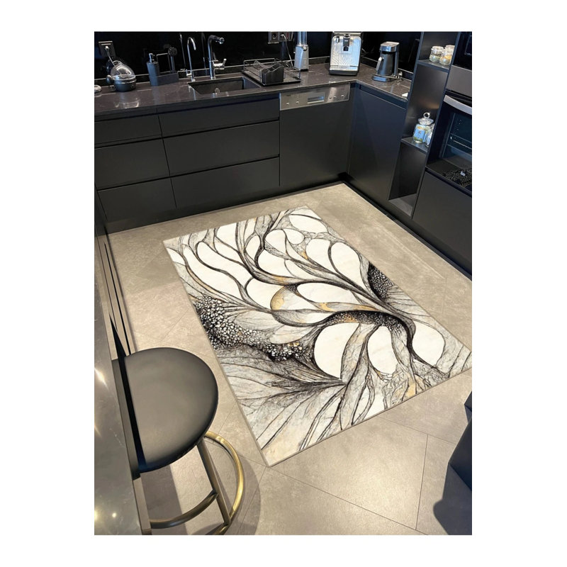 Base tissée rayée à motif crème et tapis lavable, Rectangle 3 pi 4 po x 5 pi