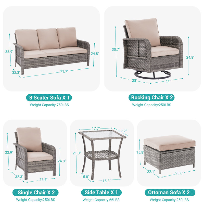 Ensemble de conversation de patio 8 pièces avec coussin et chaises berçantes pivotantes, Sable