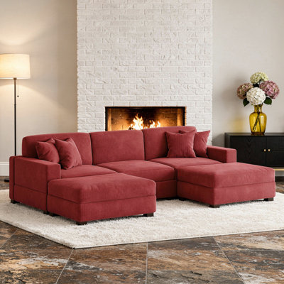 5-Piece Upholstered Red Corduroy Modular Sectional Sofa With Removable Ottomans & Throw Pillows
