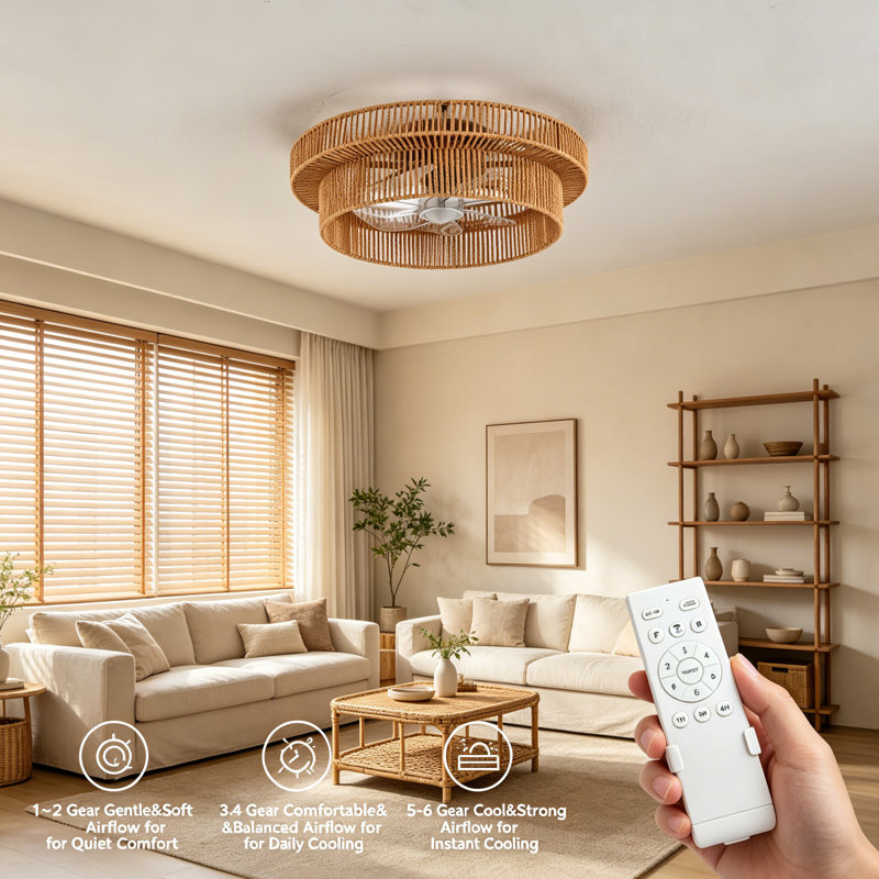 20 Inch Bohemian Rattan Cage Ceiling Fan With Light, 6-speed Remote Control, Quiet Pure Copper Motor, 4 E26 Sockets (bulbs Not Included) & Easy Flush Mount Installation