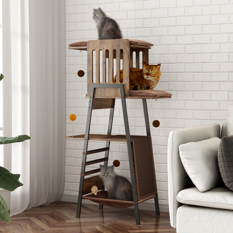 Arbre à chat moderne de 58 pouces pour grands chats, tour de chat à plusieurs niveaux avec grand perchoir, hamac, planche à gratter et coussinets amovibles, brun rustique, parfait pour les Maine Coons
