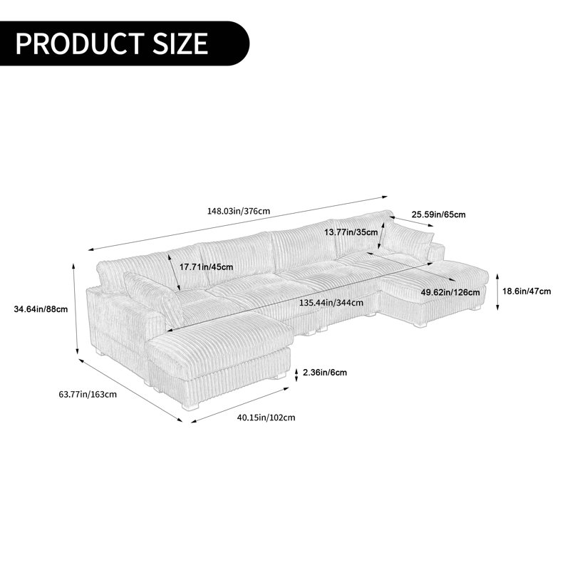 Canapé modulaire réversible 5 pièces en flanelle de fourrure de lapin gris clair, H 34,64 po x l 148,03 po x P 63,77 po