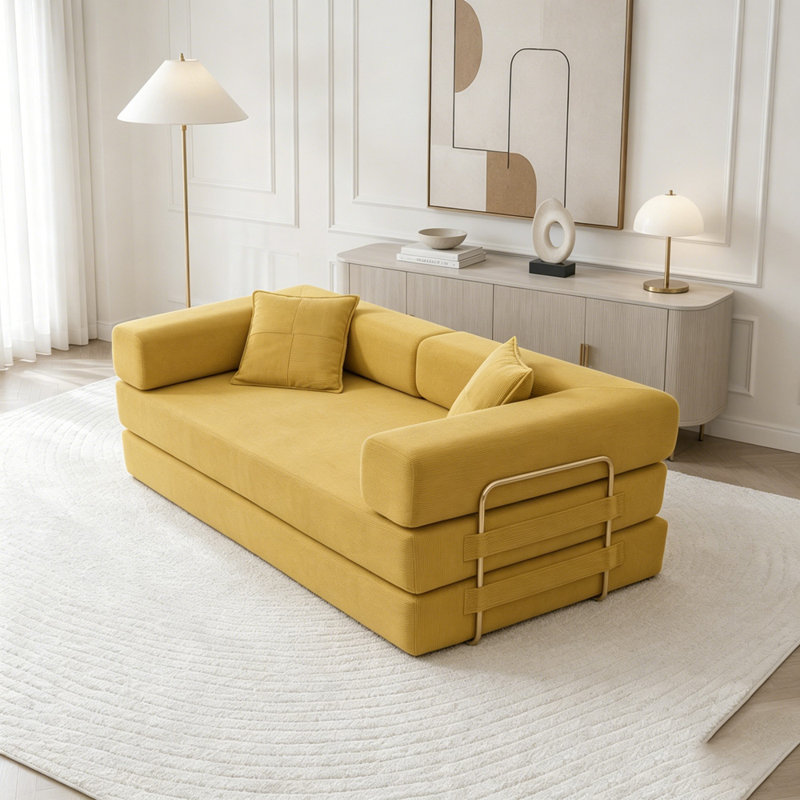 Canapé-lit modulaire en velours côtelé avec accoudoirs mobiles et sans assemblage, Yellow Corduroy, Yellow