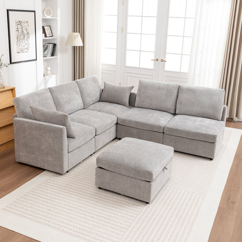 Wilroy 6-Piece Modular Corner Sectional With Storage Ottoman, Gray