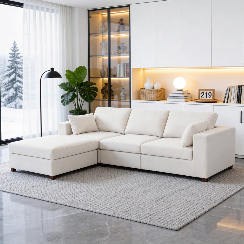 Canapé d'angle rembourré avec 1 repose-pieds, Chenille beige, H 26 po x l 113,3 po x P 37,8 po