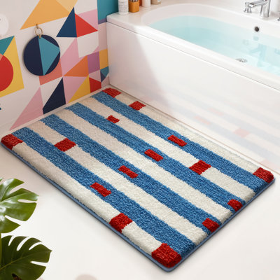 Blue White Stripe Non-Slip Washable Bath Rug