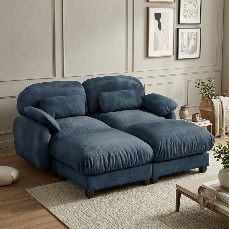 Canapé modulaire moderne rembourré avec poufs amovibles, coussins et oreillers lombaires pour salon, Bleu