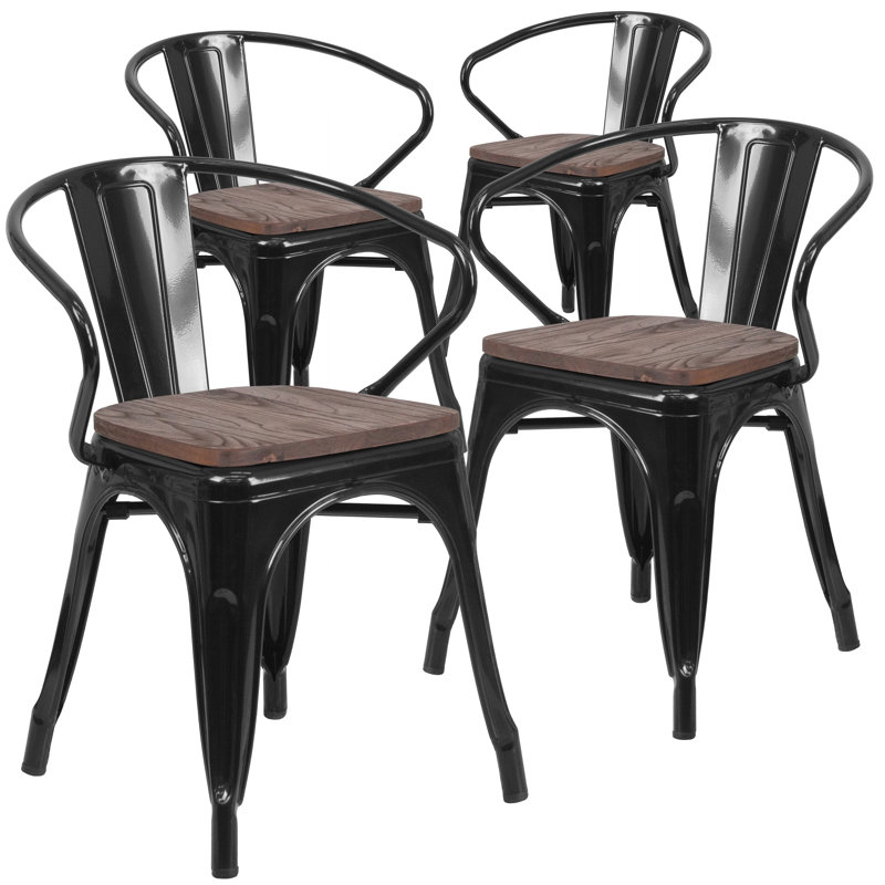 Kester 4 Pk. Metal Chair with Wood Seat and Arms, Black