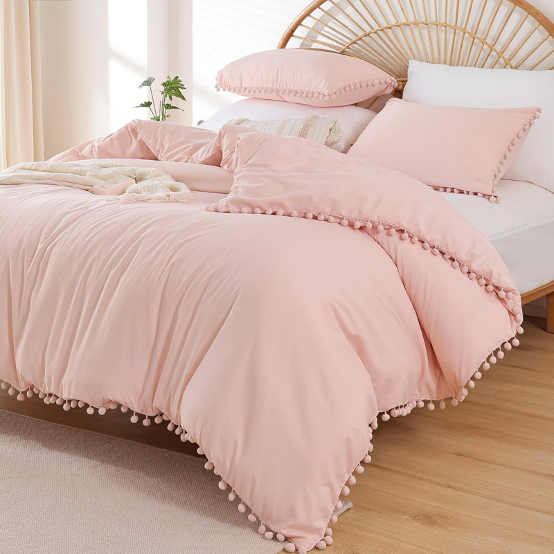 Ensemble d'édredon 3 pièces à frange boule toutes saisons, literie douce en microfibre OEKO-TEX Boho pour le décor de la chambre à coucher