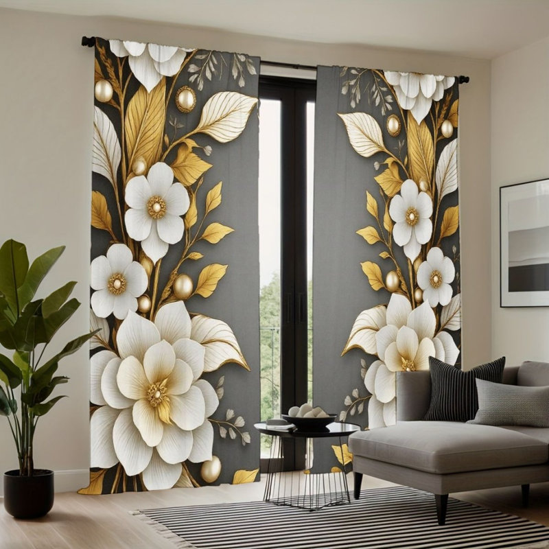 2Pcs Decorative Flower Curtains, Gold and White Floral Design, Rod Pocket Light Filtering, Elegant Modern Style, All-Season For Living Room Bedroom Home Decor