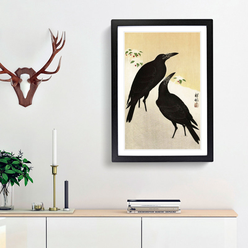 Crows in the Snow by Ohara Koson - Picture Frame Painting Print, 48cm H x 36cm W x 2cm D, Black Framed