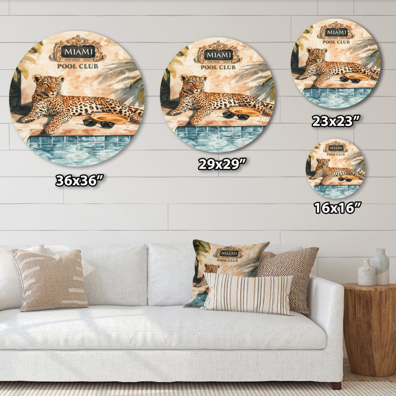 Club Léopard au bord de la piscine - Décoration murale ronde en métal tropical, H 23 po x l 23 po