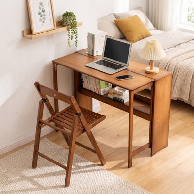 Bamboo Folding Desk,Space-Saving Computer Desk for Small Spaces, Foldable Study Table for Bedroom, Home Office, Dorm, Apartment (Walnut Finish)