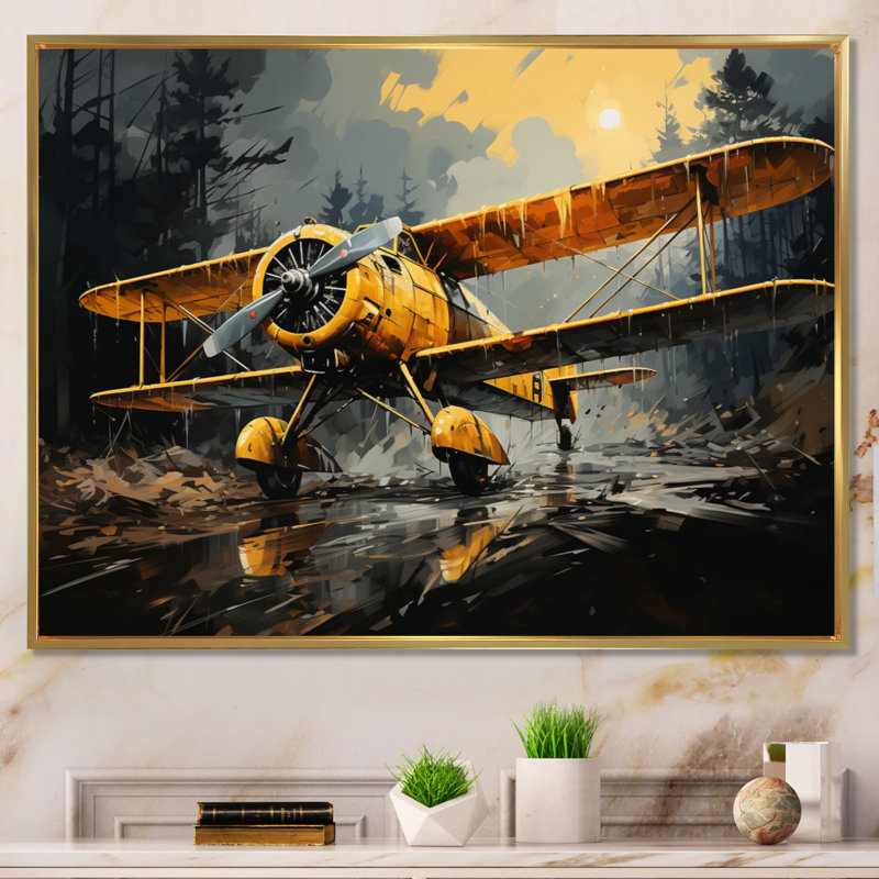 Avion jaune en forêt - imprimé, Cadre flottant doré, H 12 po x l 20 po x P 1 po