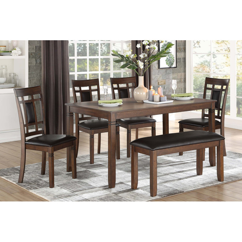Classic 6Pc Dinng Set Table Bench 4X Chaises Similicuir