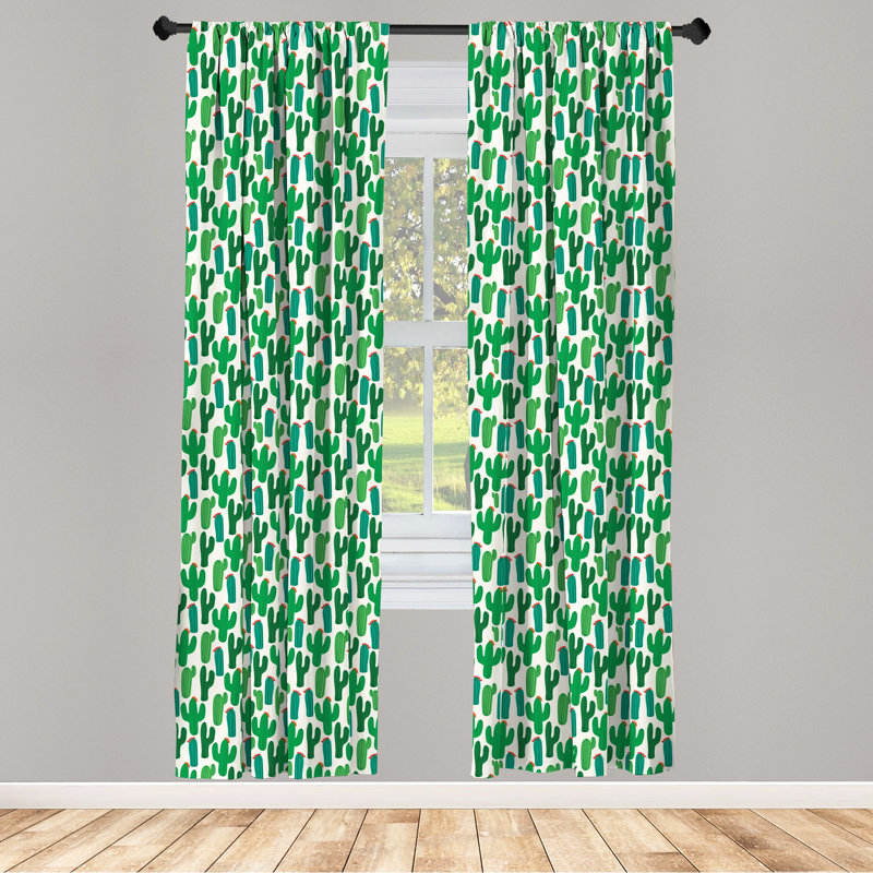 Cactus Motif Green and Red Polyester Rod Pocket Curtain Panels