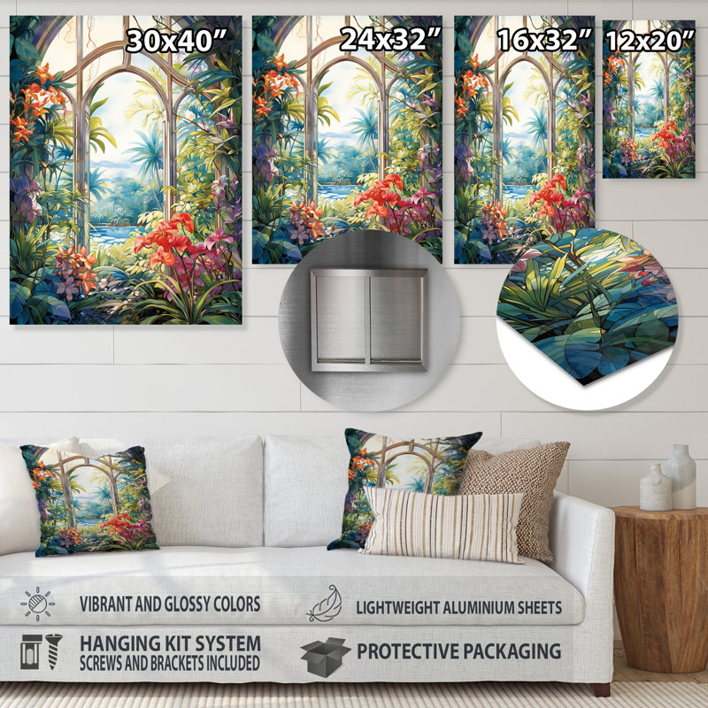 «Tropical Windows View Blooms 1», art mural floral abstrait en métal, H 20 po x l 12 po x P 1 po