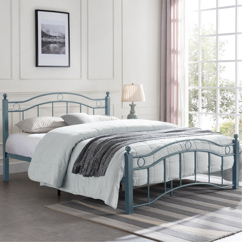 Grand lit en métal avec tête et pied de lit ondulés, Grand lit, Bleu antique