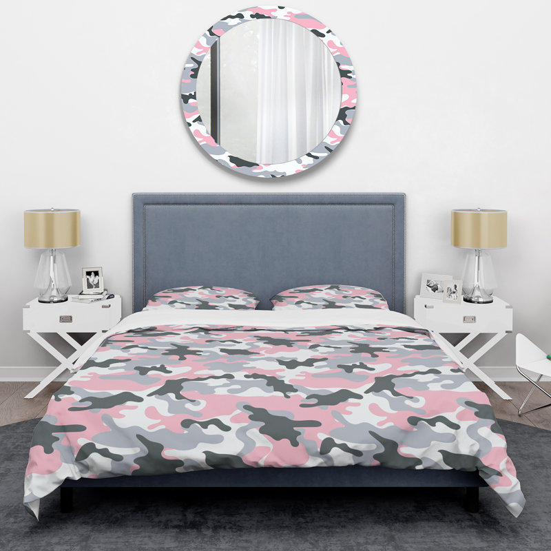 Camouflage militaire gris et rose - ensemble de housse de couette abstrait - microfibre de polyester