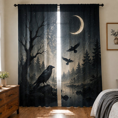2Pcs Mystical Forest Raven Moon Curtains, light filtering fabric, enchanting night scene with crescent and flying ravens, rod-pocket design, ideal for living room, bedroom, adding a mysterious ambiance