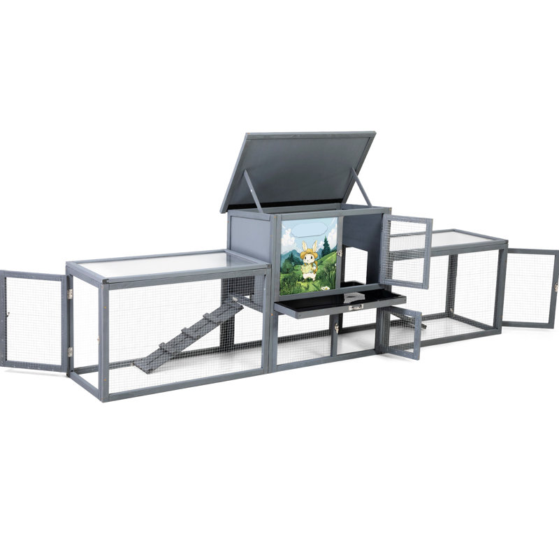 Maison d'extérieur à 2 étages avec deux zones d'activité, un espace de repos confortable, une housse de protection contre les intempéries en PC, un plateau de nettoyage escamotable, des rampes antidérapantes, des portes grillagées verrouillables, un design coloré gris