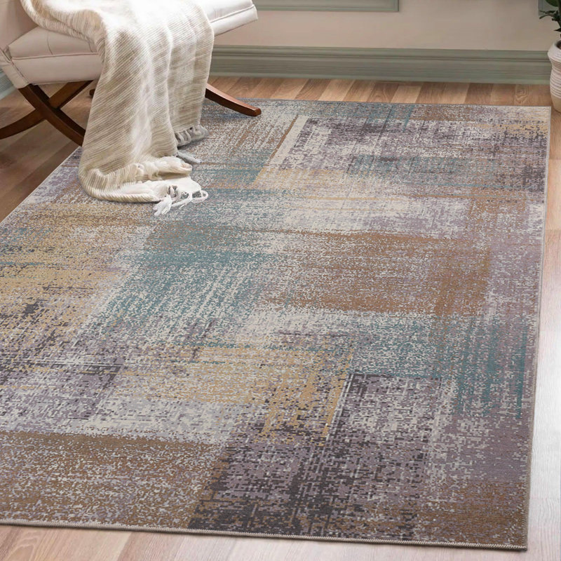 Kusinet Brushed Patchwork Distressed Abstract Modern Machine Washable Indoor Runner Rug, Rectangle 4' x 6'