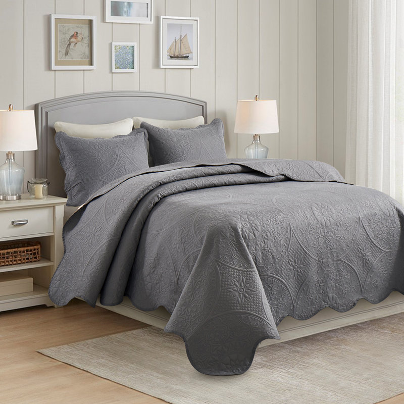 Ensemble de couvre-lit à motif floral en microfibre - Literie matelassée douce, légère et infroissable, Gris