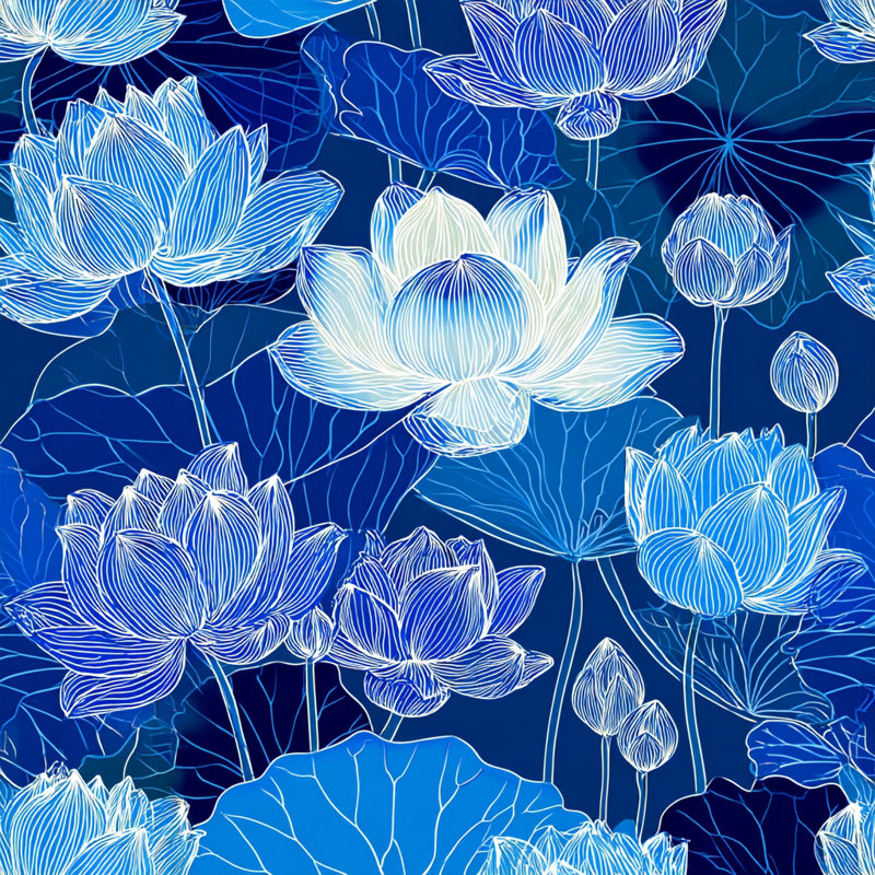 «Lotus Bloom Serenity - Blue Floral», impression sur toile tendue